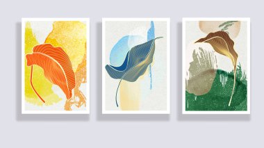Bir dizi suluboya minimalist soyut çizimler. Asgari botanik duvar sanatı. Orta çağ modern grafikleri. Sosyal medya, blog, baskı, kapak, duvar kağıdı için bitki tasarımı. Vektör