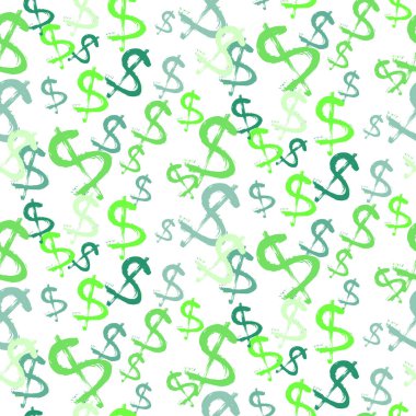 Beyaz arka planda dolar para biriminin sembollerinin kusursuz deseni. Dolar işaretli yeşil vektör arka planı. Bu desen reklam, poster ve Amerikan dolarının afişi için kullanılabilir. Vektör