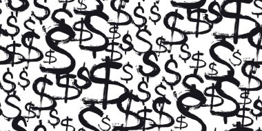 Dolar para biriminin sembollerinin kusursuz deseni. Dolar işaretli siyah ve beyaz vektör arkaplanı. Bu desen reklam, poster ve Amerikan dolarının afişi için kullanılabilir. Vektör illüstrasyonu