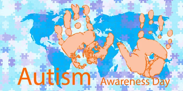 Världsdagen För Autismmedvetenhet Symboliska Avtryck Barnpalmer Från Regnbågspussel Symbolen För — Stock vektor