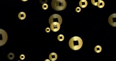 Çin 'in yeni yıl altın sikkelerinin animasyonu. Antik Çin sikkeleri kusursuz desenlidir. Çin yeni yılı için geleneksel Feng Shui tılsımları. 4K Video hareketli grafik döngü