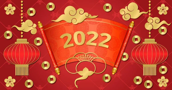 Chinesisches Neujahr 2022 Traditionelle Rote Schriftrolle Antike Chinesische Münzen Goldene — Stockvektor