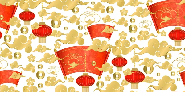 Happy Chinese New Year Seamless Pattern Red Paper Lantern Scroll — Stock Vector