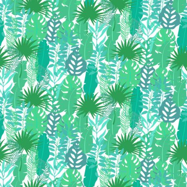 Yeşil yaprakların kusursuz deseni çeşitli ağaçlar. Doğal dalların yaprakları. Yeşil, güzel, kırsal ekolojik arka plan. Tekstil, duvar kağıdı, web sitesi, ambalaj kağıdı için botanik tasarımı. Vektör