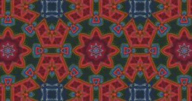 Soyut renkli Kaleydoskop süsü. Merkezden yayılan çok renkli şekil ve desenlerin bilgisayarlı hareket grafikleri. Kusursuz döngüler, fraktal animasyon, kaleydoskop. 4k grafik hareketi