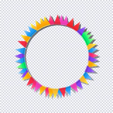 Renkli bayraklardan yapılmış çerçeve. Flamalı karnaval çelengi. Dekoratif renkli davetiye bayrakları, tebrik kartları, doğum günü, festival ve güzel dekorasyon. Vektör İllüstrasyonu