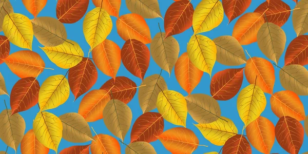 青い背景に孤立したシームレスなパターン明るいカラフルな紅葉 グラフィックデザイン秋のシンボル 赤オレンジ黄色の乾燥した秋の葉 秋の紅葉の季節の背景 ベクターイラスト — ストックベクタ