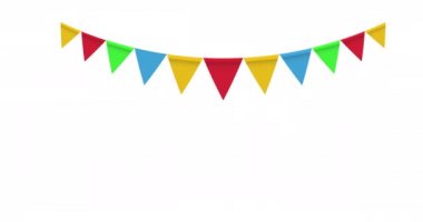 Beyaz arka planda izole edilmiş bayrakların canlandırılması. Doğum günü kutlaması ve festival için flamalı karnaval çelengi. Siyah beyaz maskeli video geçişi, alfa kanalı. 4K grafik hareketi