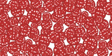  Beyaz arka planda çeşitli salam sosisleri dilimlenmiş kusursuz desen. Manzaralı yemek. Çizgi film düz stili. Vektör illüstrasyonu