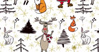 Beyaz arka planda geleneksel karakterli kusursuz bir Noel deseni. Animasyon kış xmas illüstrasyonu. 4K video kartı soldan sağa veya yukarıdan aşağıya hareket ediyor