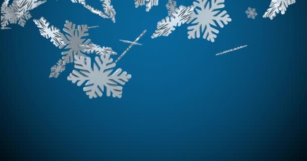 要約3D飛行雪片アニメーション 青い上に大きな雪の結晶と美しいクリスマスと新年の背景 冬の背景 4Kビデオモーショングラフィックス — ストック動画