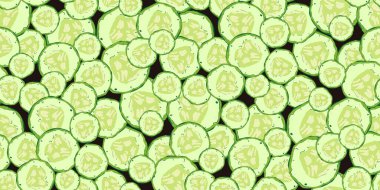 Taze salatalık dilimlerinin kusursuz deseni. Sağlıklı yiyecekler için lezzetli çevre dostu sebzeler. Vejetaryen sağlıklı yiyecekler. Tasarım paketleri, vejetaryen restoranları ve duvar kağıtları için mükemmel bir menü. Vektör