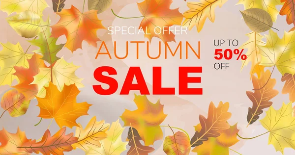Sonbahar indirimi pankart tasarımı. Sıcak renk tonlarında parlak renkli sonbahar gerçekçi yaprakları. Alışveriş satışı için sezonluk arka plan ya da reklam afişi, broşür ve web afişi. Vektör illüstrasyonu