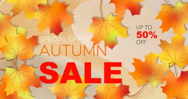  Sonbahar indirimi pankart tasarımı. Sıcak renk tonlarında parlak renkli sonbahar gerçekçi yaprakları. Alışveriş satışı için sezonluk arka plan ya da reklam afişi, broşür ve web afişi. Vektör illüstrasyonu