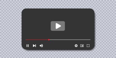 Çalma düğmesi olan multimedya video oynatıcı. Web siteleri ya da mobil uygulamalar için navigasyon simgeleriyle video oynatıcı modeli. Sosyal medya için video oynatıcı arayüzü şablonu, canlı dijital yayın. Vektör