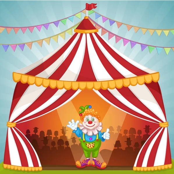 Palhaço dos desenhos animados na tenda do circo — Vetor de Stock