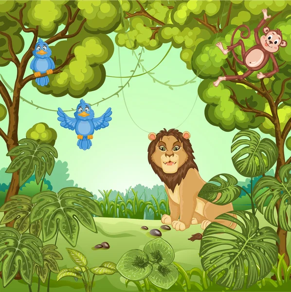 Ilustración de un león en la selva — Vector de stock