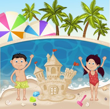 Çocuklar deniz plaj üzerinde gösterimi