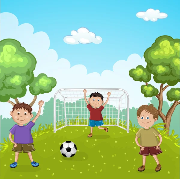 Children playing soccer outdoors — Stock Vector
