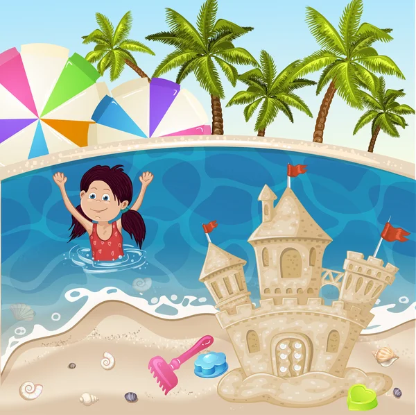 Ilustración de castillo de arena en la playa del mar — Vector de stock