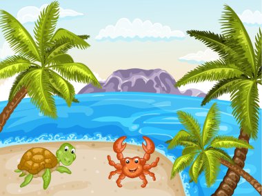 Yaz plaj ve palmiye ağaçları