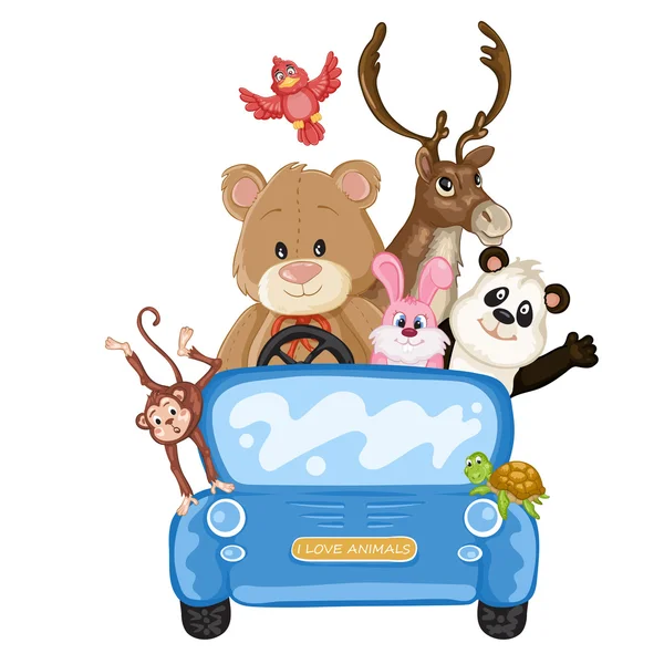 Different animals riding on a blue car — Stock Vector