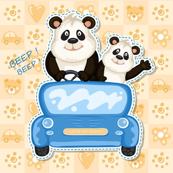 Pappa och baby panda i en blå bil — Stock vektor