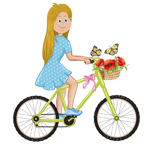 Menina bonito feliz com um monte de flores andando de bicicleta . — Vetor de Stock