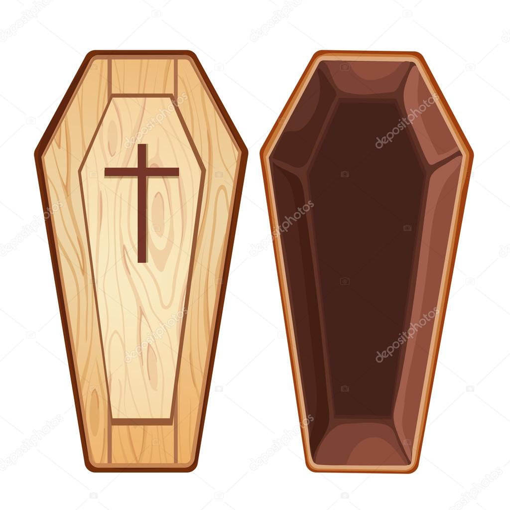 Illustration with open wooden coffin