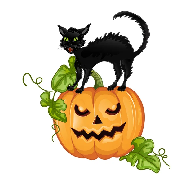 Schwarze Katze sitzt auf Halloween-Kürbis — Stockvektor