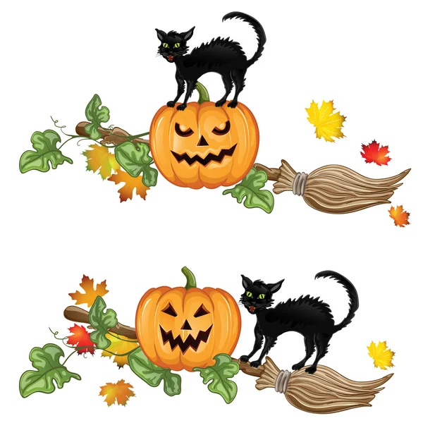 Fekete macska ül halloween tököt, és seprű — Stock Vector