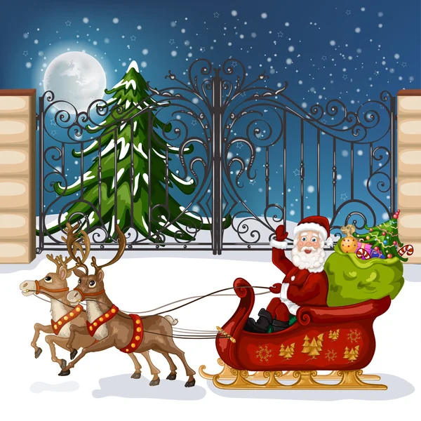 Babbo Natale in slitta con renna — Vettoriale Stock