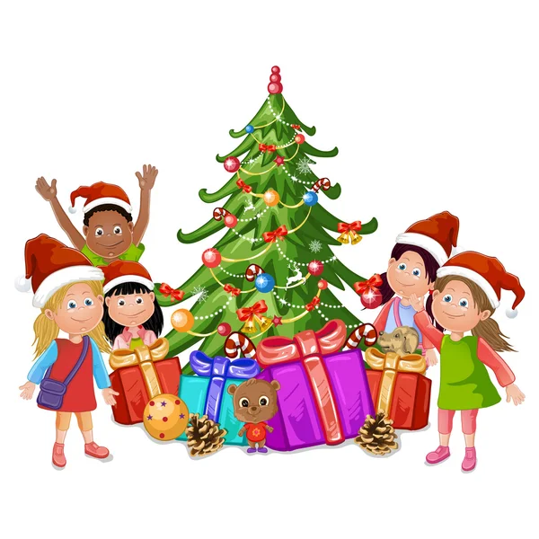 Christmas tree and happy kids — Stock Vector