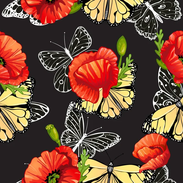 Seamless pattern of butterflies and poppies — Stock Vector