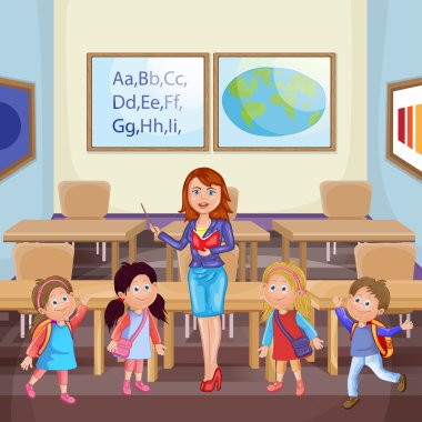 Öğretmen ve okul çocukları.