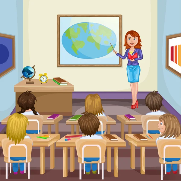 Illustration of kids studying  in classroom with teacher — Stockvector