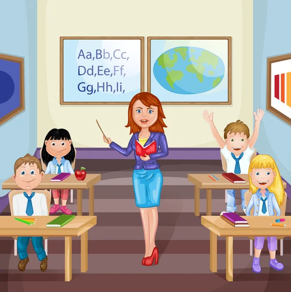 Ilustração de crianças estudando em sala de aula com professor — Vetor de Stock