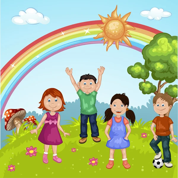 Grupo de lindos niños dibujos animados felices — Vector de stock