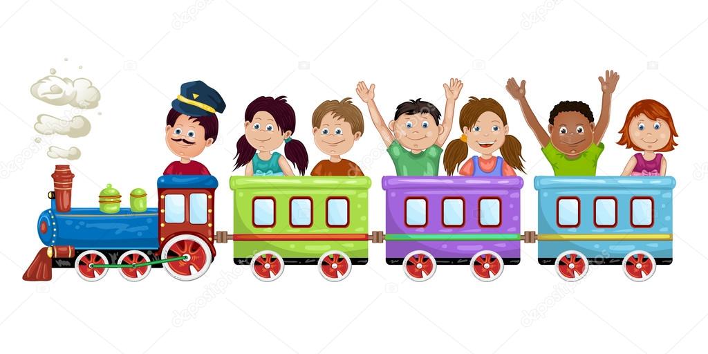 Kids, boys and girls on a cartoon train.