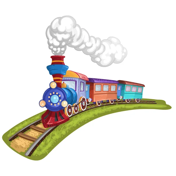 Tren de dibujos animados con carruaje colorido en ferrocarril — Vector de stock