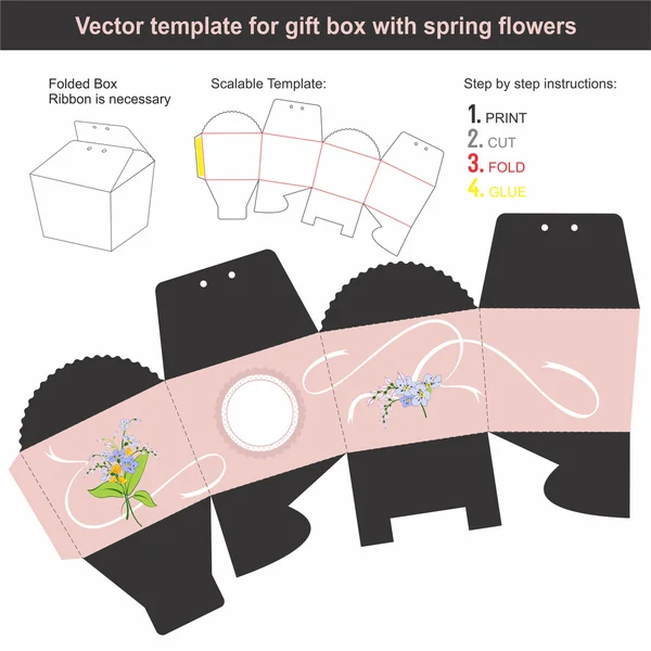 Elegante caja de regalo en forma cónica con flores de primavera dibujadas a mano — Vector de stock