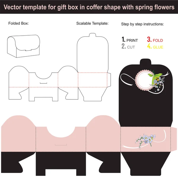Elegant Gift Box in coffer shape with hand drawn spring flowers Stock Vector
