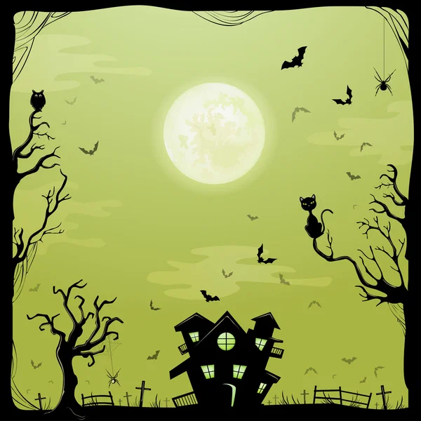 Halloween illustratie met kat, vleermuizen en kasteel — Stockvector