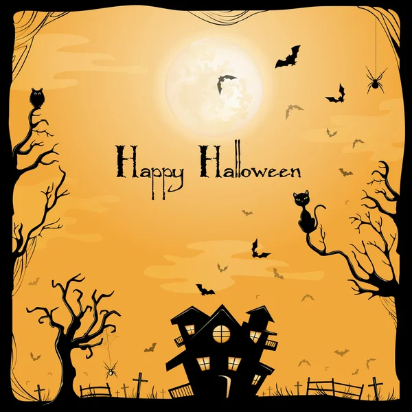 Halloween illusztráció macska, a denevérek és a kastély — Stock Vector