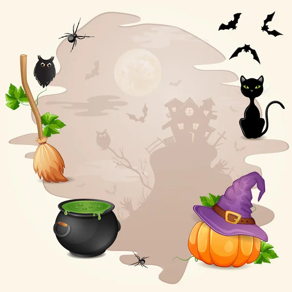 Illustrazione di Halloween con gatto, pipistrelli e castello — Vettoriale Stock