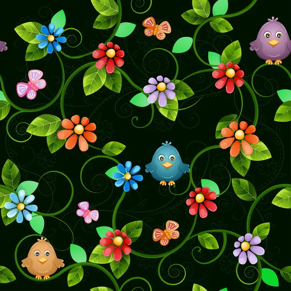 Sömlös blommönster med fåglar och fjärilar. — Stock vektor