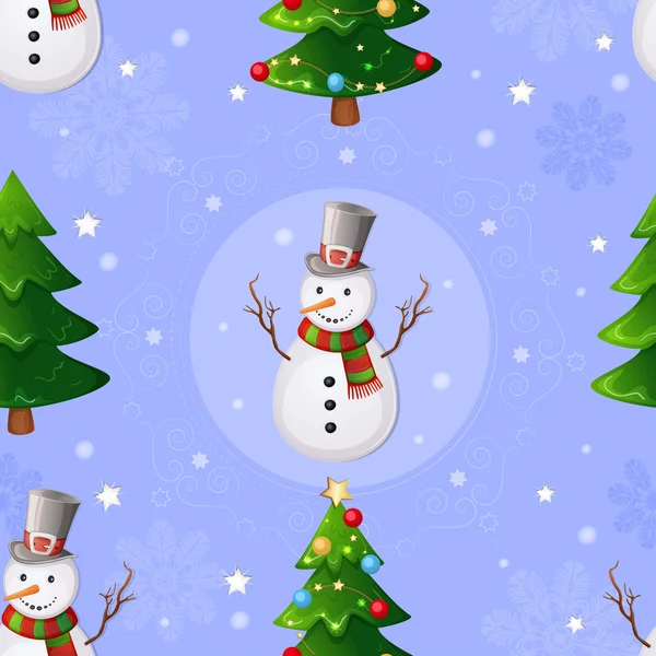 Patrón sin costuras de Navidad con muñeco de nieve y árbol de Navidad . — Vector de stock