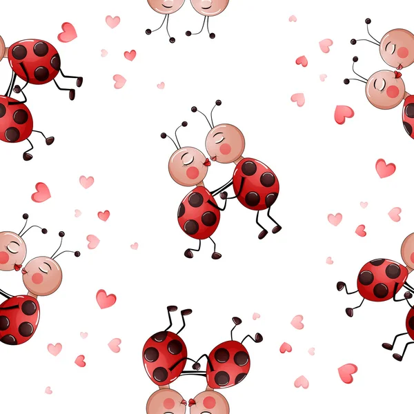 Seamless pattern with cute couple of lady bugs kissing. — Stock Vector