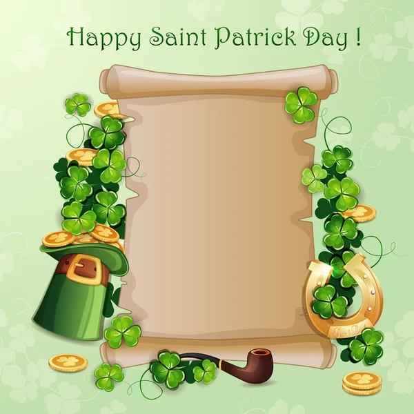 Saint Patrick'ın günü kartı şapka, at nalı ve yonca — Stok Vektör