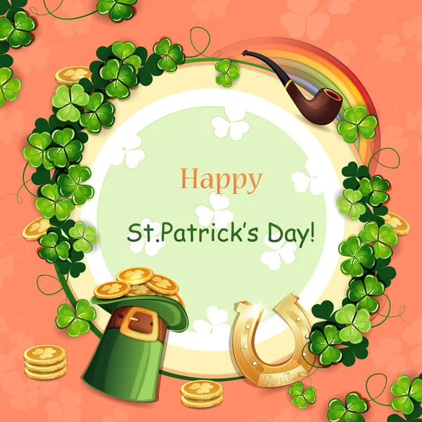 Saint Patrick's Day card with hat, horseshoe and clover — Stock Vector